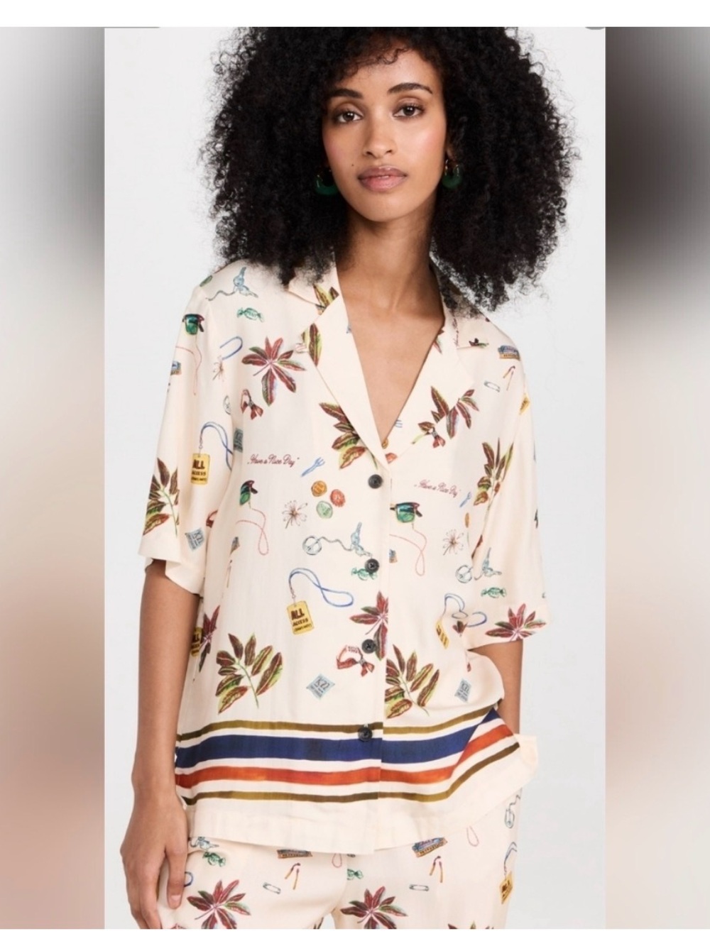 Scotch & Soda Cream Short-Sleeve Button-Down Top with Multicolor Stripe Hem